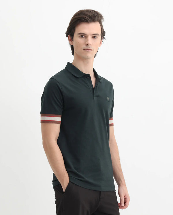 Rare Rabbit Men Tao Green Cotton Pique Fabric Short Sleeve Regular Fit Logo Chest Badge Contrasting Sleeve Plain Polo
