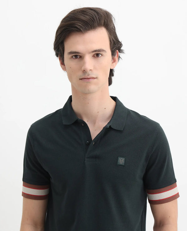 Rare Rabbit Men Tao Green Cotton Pique Fabric Short Sleeve Regular Fit Logo Chest Badge Contrasting Sleeve Plain Polo