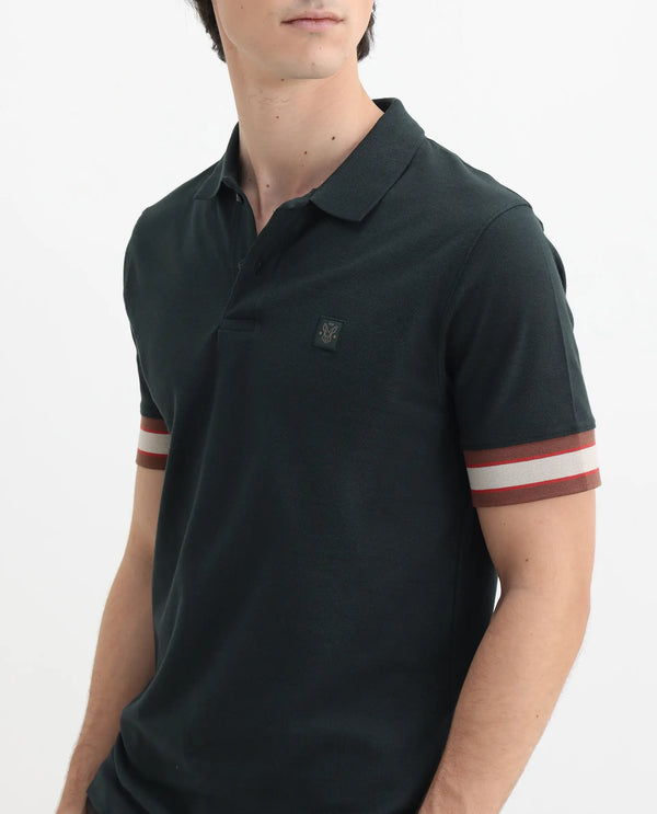 Rare Rabbit Men Tao Green Cotton Pique Fabric Short Sleeve Regular Fit Logo Chest Badge Contrasting Sleeve Plain Polo