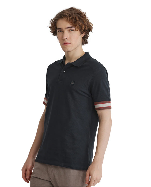 Rare Rabbit Men Tao Green Cotton Pique Fabric Short Sleeve Regular Fit Logo Chest Badge Contrasting Sleeve Plain Polo