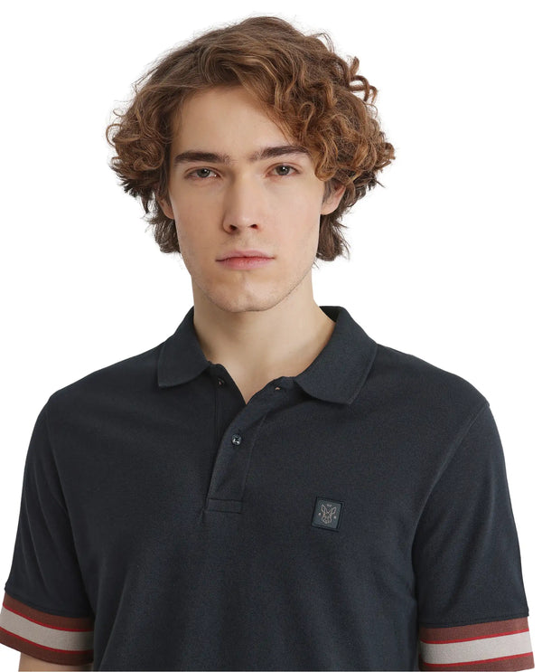 Rare Rabbit Men Tao Green Cotton Pique Fabric Short Sleeve Regular Fit Logo Chest Badge Contrasting Sleeve Plain Polo