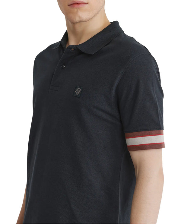 Rare Rabbit Men Tao Green Cotton Pique Fabric Short Sleeve Regular Fit Logo Chest Badge Contrasting Sleeve Plain Polo