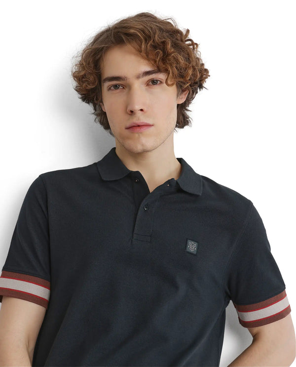 Rare Rabbit Men Tao Green Cotton Pique Fabric Short Sleeve Regular Fit Logo Chest Badge Contrasting Sleeve Plain Polo