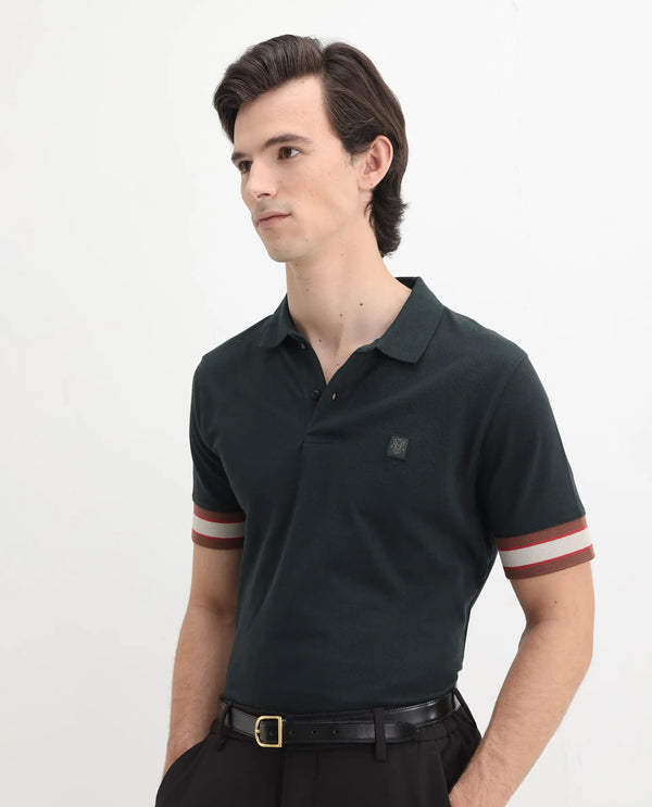 Rare Rabbit Men Tao Green Cotton Pique Fabric Short Sleeve Regular Fit Logo Chest Badge Contrasting Sleeve Plain Polo