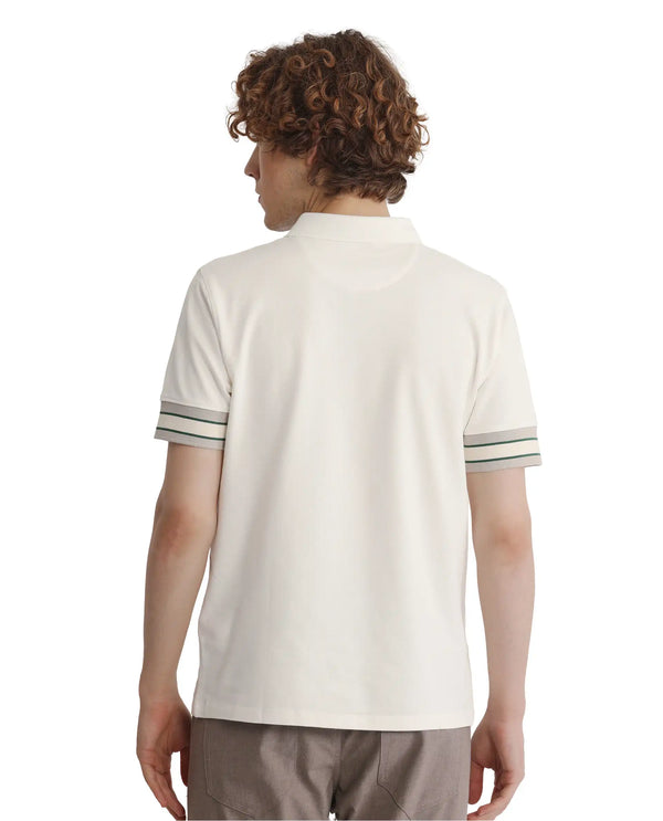 Rare Rabbit Men Tao Off White Cotton Pique Fabric Short Sleeve Regular Fit Logo Chest Badge Contrasting Sleeve Plain Polo