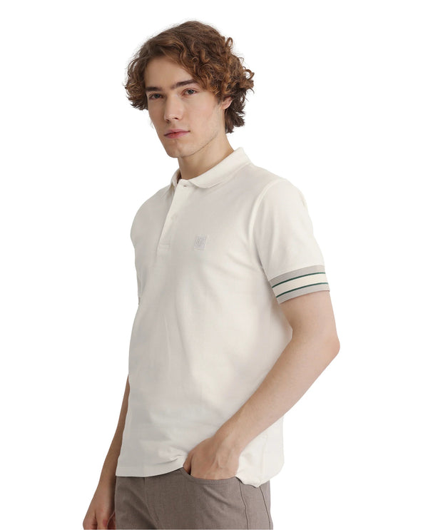 Rare Rabbit Men Tao Off White Cotton Pique Fabric Short Sleeve Regular Fit Logo Chest Badge Contrasting Sleeve Plain Polo