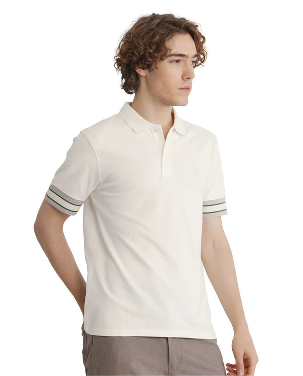 Rare Rabbit Men Tao Off White Cotton Pique Fabric Short Sleeve Regular Fit Logo Chest Badge Contrasting Sleeve Plain Polo