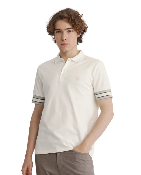 Rare Rabbit Men Tao Off White Cotton Pique Fabric Short Sleeve Regular Fit Logo Chest Badge Contrasting Sleeve Plain Polo