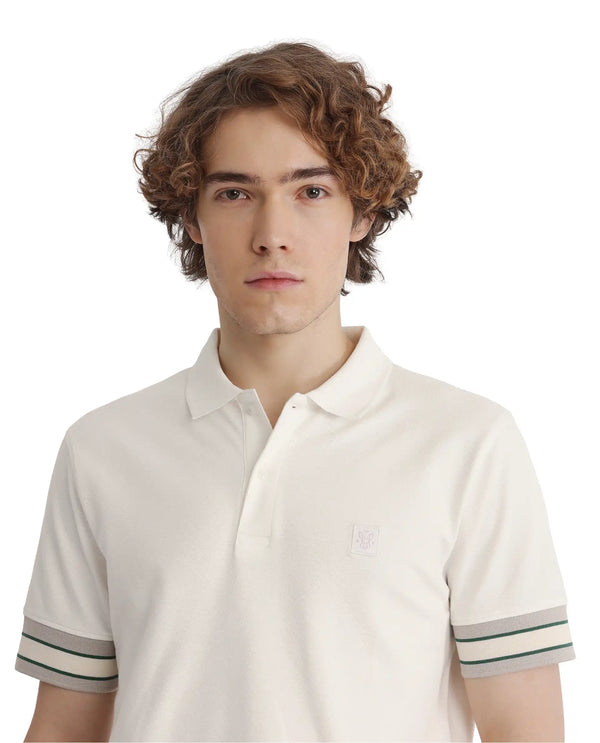 Rare Rabbit Men Tao Off White Cotton Pique Fabric Short Sleeve Regular Fit Logo Chest Badge Contrasting Sleeve Plain Polo