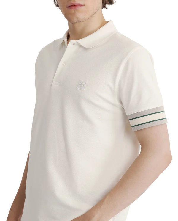 Rare Rabbit Men Tao Off White Cotton Pique Fabric Short Sleeve Regular Fit Logo Chest Badge Contrasting Sleeve Plain Polo