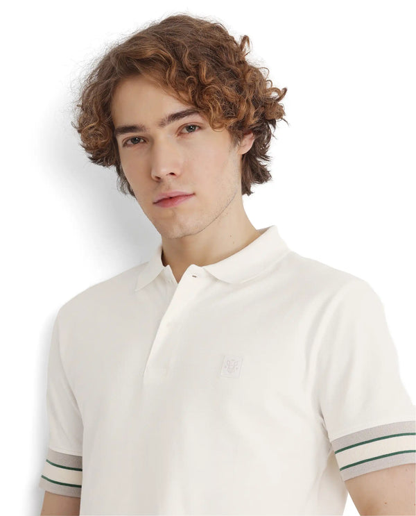 Rare Rabbit Men Tao Off White Cotton Pique Fabric Short Sleeve Regular Fit Logo Chest Badge Contrasting Sleeve Plain Polo