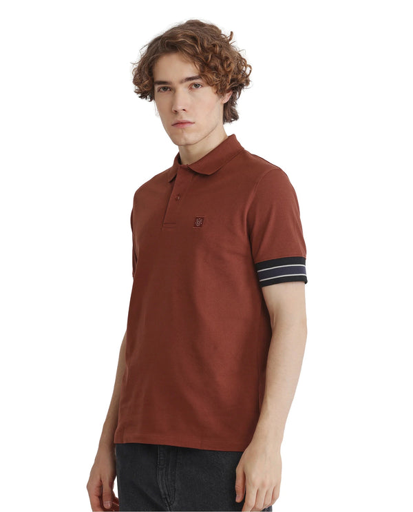 Rare Rabbit Men Tao Red Cotton Pique Fabric Short Sleeve Regular Fit Logo Chest Badge Contrasting Sleeve Plain Polo