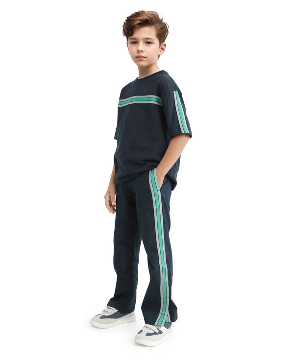 Rare Ones Kids Taper-B Navy Tape Detailed Button And Zip Closure Regular Fit Cotton Trouser