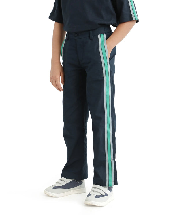 Rare Ones Kids Taper-B Navy Tape Detailed Button And Zip Closure Regular Fit Cotton Trouser