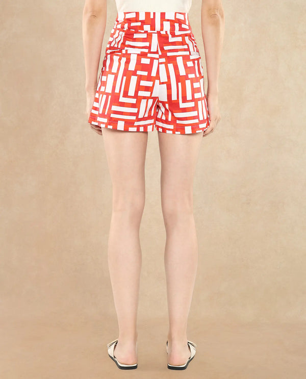 Rareism Women Taranto Red Cotton Fabric Loop Geometric Print Mini Shorts