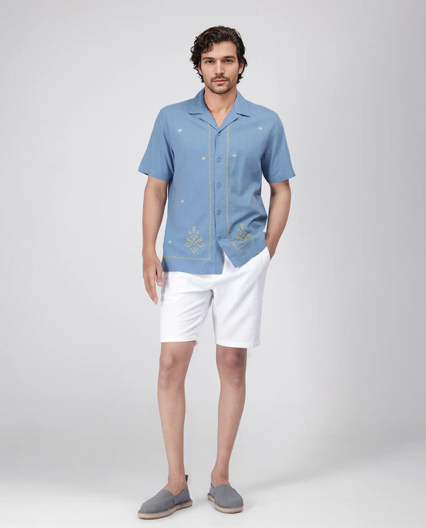 Rare Rabit Men's Tared Dusky Blue Cuban Collar Boxy Fit Embroidered Shirt