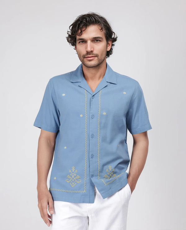 Rare Rabit Men's Tared Dusky Blue Cuban Collar Boxy Fit Embroidered Shirt
