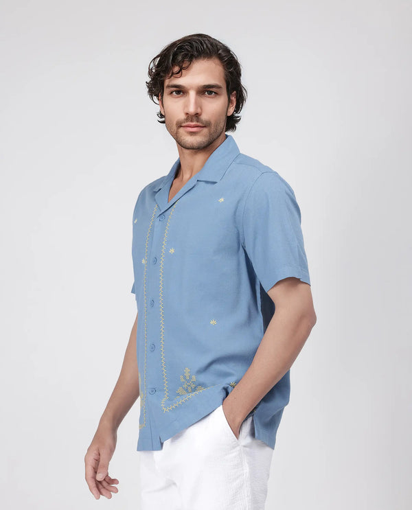 Rare Rabit Men's Tared Dusky Blue Cuban Collar Boxy Fit Embroidered Shirt