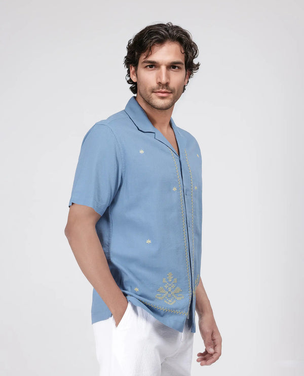 Rare Rabit Men's Tared Dusky Blue Cuban Collar Boxy Fit Embroidered Shirt