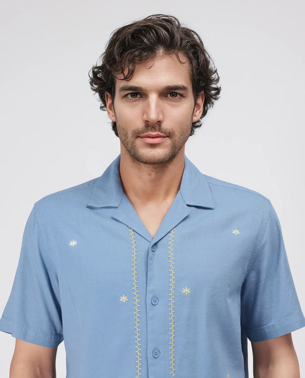 Rare Rabit Men's Tared Dusky Blue Cuban Collar Boxy Fit Embroidered Shirt