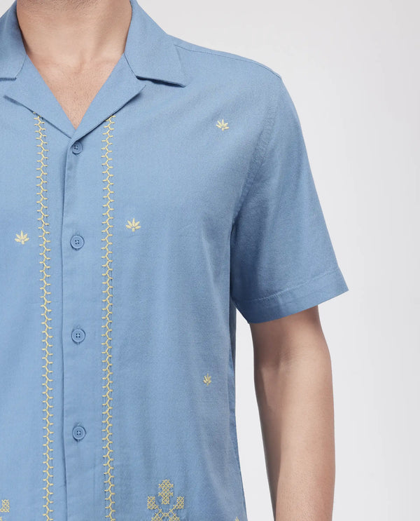 Rare Rabit Men's Tared Dusky Blue Cuban Collar Boxy Fit Embroidered Shirt