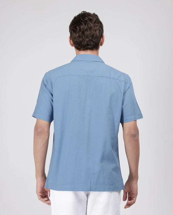 Rare Rabit Men's Tared Dusky Blue Cuban Collar Boxy Fit Embroidered Shirt