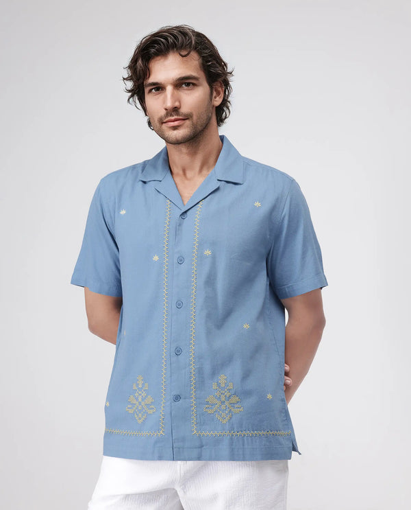 Rare Rabit Men's Tared Dusky Blue Cuban Collar Boxy Fit Embroidered Shirt