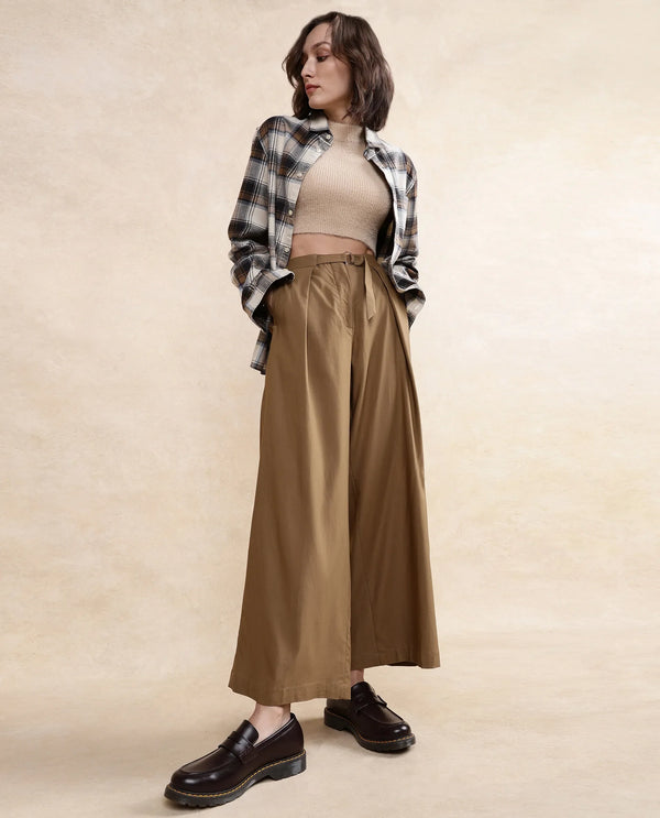 Rareism Women Tarina Mustard Hook Closure Wide Fit Ankle Length Plain Trouser