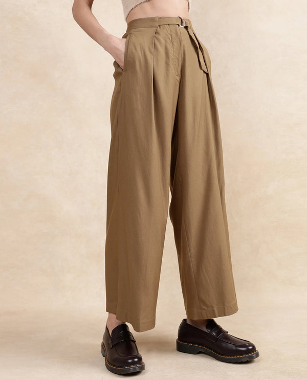 Rareism Women Tarina Mustard Hook Closure Wide Fit Ankle Length Plain Trouser