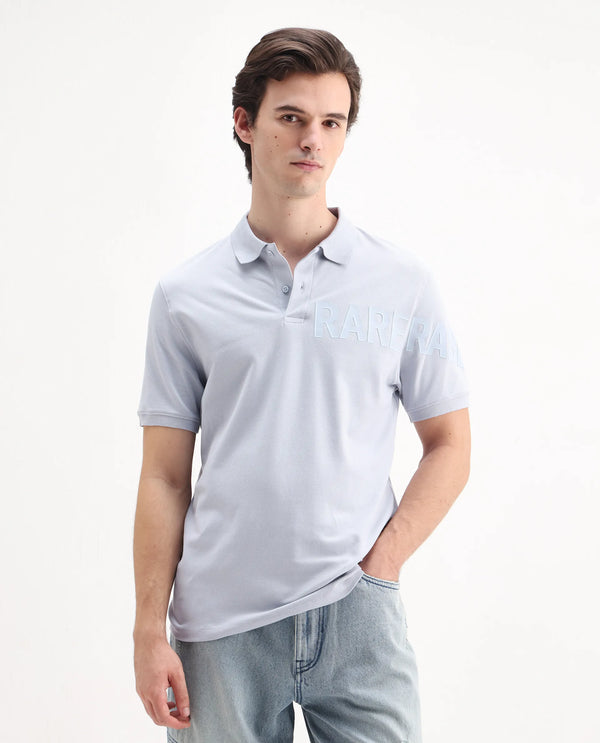 Rare Rabbit Men Taro Blue Cotton Blend Short Sleeve Regular Fit Regular Collared Plain Polo