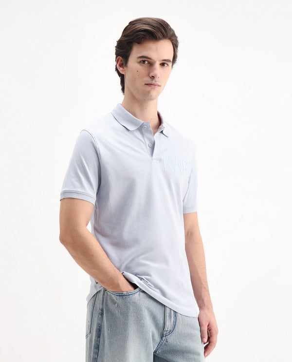 Rare Rabbit Men Taro Blue Cotton Blend Short Sleeve Regular Fit Regular Collared Plain Polo