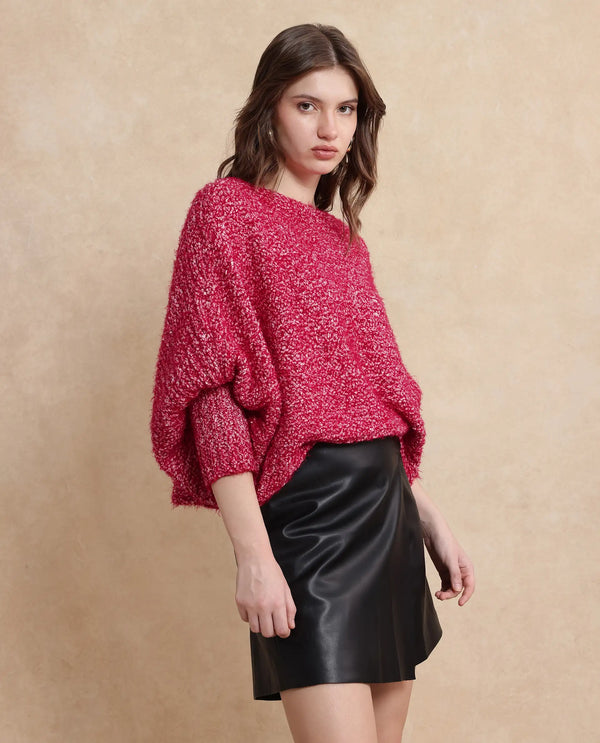Rareism Women Taro Dark Red Polyester Nylon Fabric Oversized Fit Plain Sweater