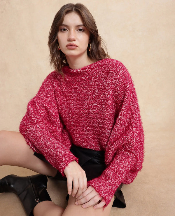 Rareism Women Taro Dark Red Polyester Nylon Fabric Oversized Fit Plain Sweater