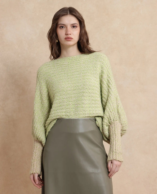 Rareism Women Taro Dusky Green Polyester Nylon Fabric Oversized Fit Plain Sweater