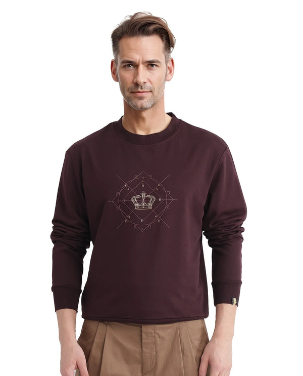 Rare Rabbit Men Tarol Dark Brown Cotton Polyester Fabric Full Sleeve Crew Neck Regular Fit HD Printed Sweatshirt