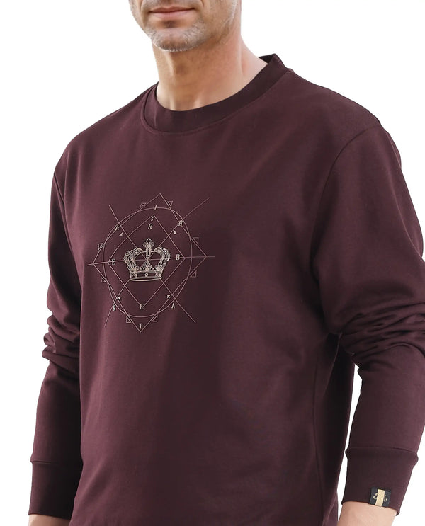 Rare Rabbit Men Tarol Dark Brown Cotton Polyester Fabric Full Sleeve Crew Neck Regular Fit HD Printed Sweatshirt