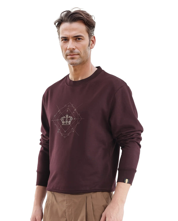 Rare Rabbit Men Tarol Dark Brown Cotton Polyester Fabric Full Sleeve Crew Neck Regular Fit HD Printed Sweatshirt