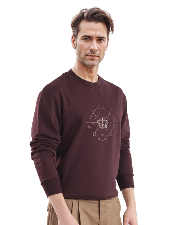 Rare Rabbit Men Tarol Dark Brown Cotton Polyester Fabric Full Sleeve Crew Neck Regular Fit HD Printed Sweatshirt