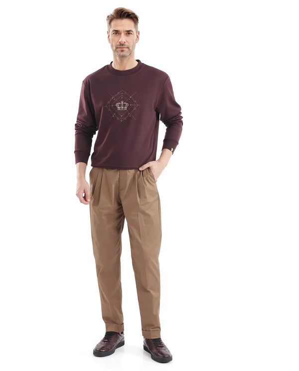 Rare Rabbit Men Tarol Dark Brown Cotton Polyester Fabric Full Sleeve Crew Neck Regular Fit HD Printed Sweatshirt