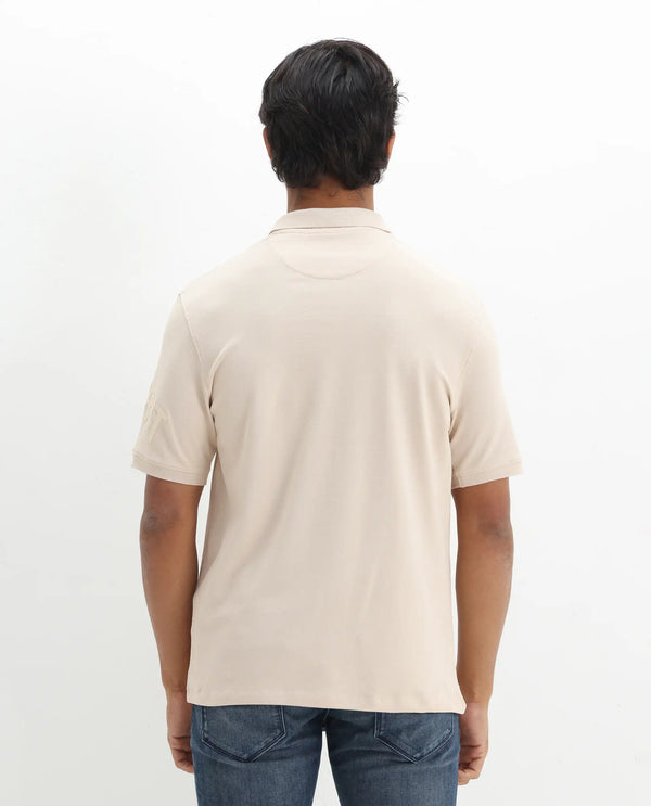 Rare Rabbit Men Taro Light Beige Cotton Blend Short Sleeve Regular Fit Regular Collared Plain Polo