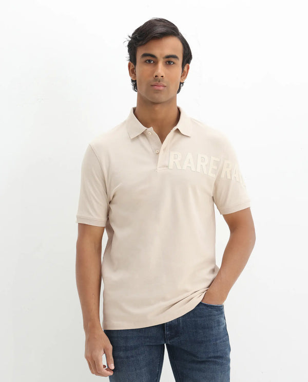 Rare Rabbit Men Taro Light Beige Cotton Blend Short Sleeve Regular Fit Regular Collared Plain Polo