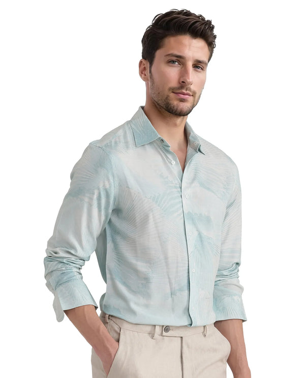 Rare Rabbit Men Tasa Blue Viscose Fabric Full Sleeves Regular Collared Button Closure Relaxed Fit Abstract Print Shirt