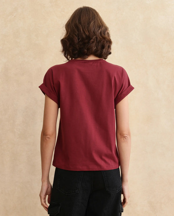 Rareism Women Tasse Maroon Cotton Blend Fabric Extended Sleeves Crew Neck Relaxed Fit Graphic Print T-Shirt