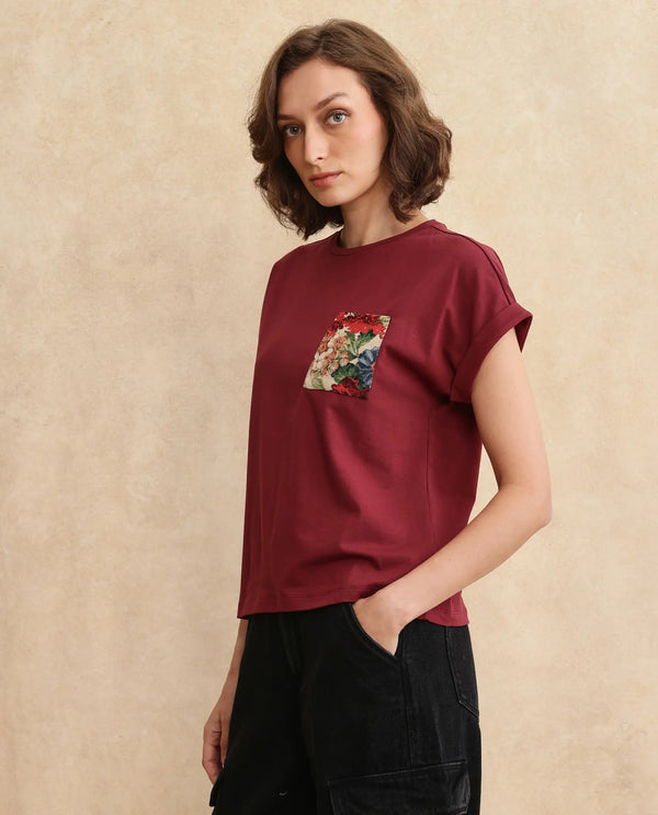 Rareism Women Tasse Maroon Cotton Blend Fabric Extended Sleeves Crew Neck Relaxed Fit Graphic Print T-Shirt