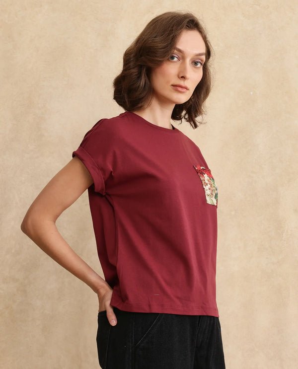 Rareism Women Tasse Maroon Cotton Blend Fabric Extended Sleeves Crew Neck Relaxed Fit Graphic Print T-Shirt