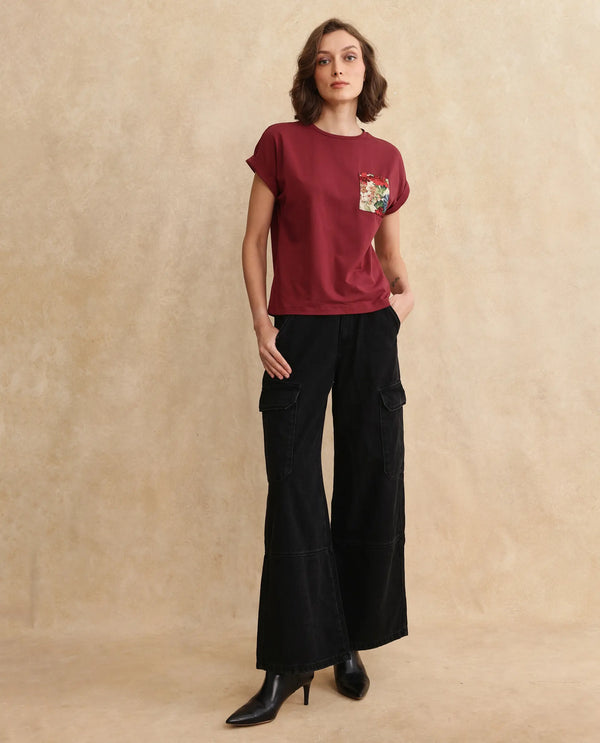 Rareism Women Tasse Maroon Cotton Blend Fabric Extended Sleeves Crew Neck Relaxed Fit Graphic Print T-Shirt