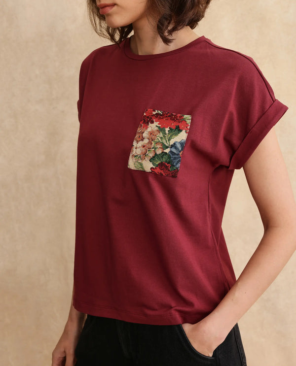 Rareism Women Tasse Maroon Cotton Blend Fabric Extended Sleeves Crew Neck Relaxed Fit Graphic Print T-Shirt