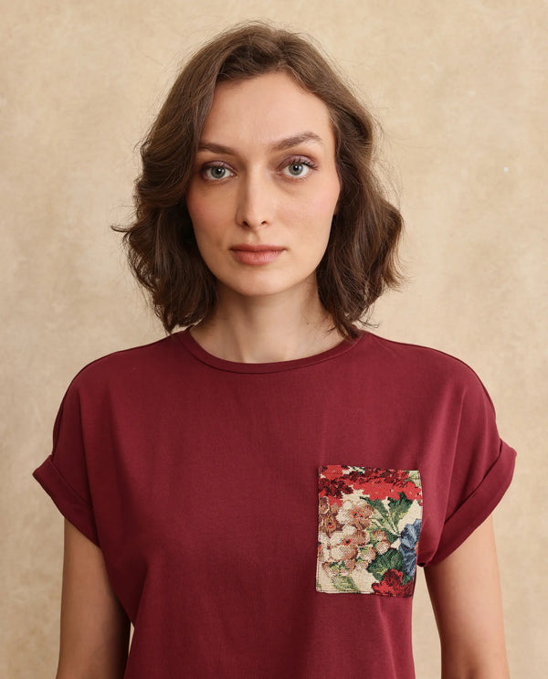 Rareism Women Tasse Maroon Cotton Blend Fabric Extended Sleeves Crew Neck Relaxed Fit Graphic Print T-Shirt