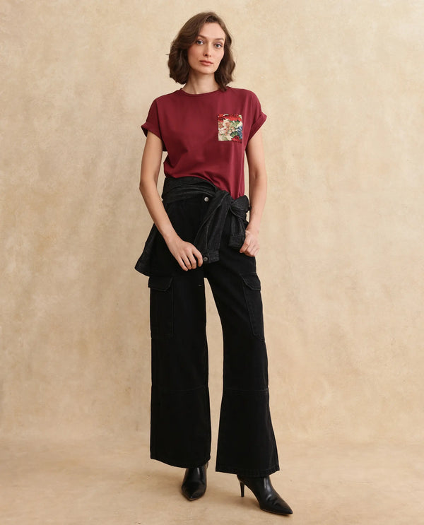Rareism Women Tasse Maroon Cotton Blend Fabric Extended Sleeves Crew Neck Relaxed Fit Graphic Print T-Shirt