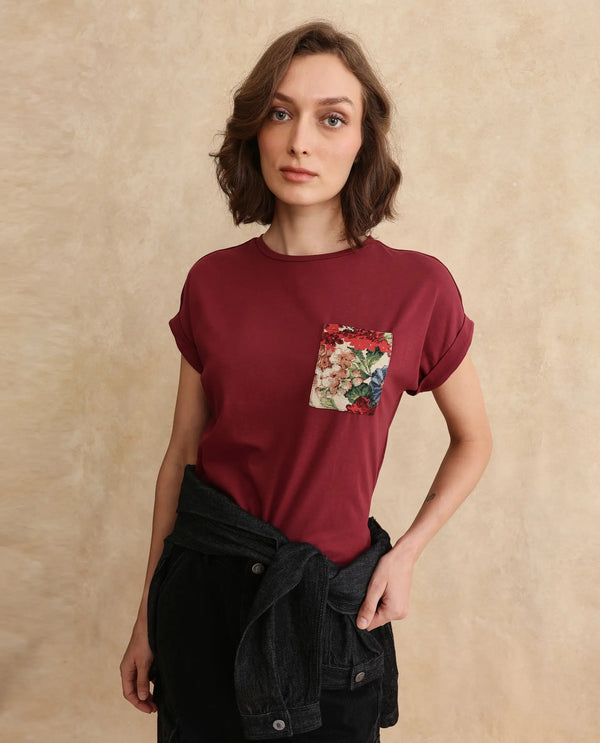 Rareism Women Tasse Maroon Cotton Blend Fabric Extended Sleeves Crew Neck Relaxed Fit Graphic Print T-Shirt